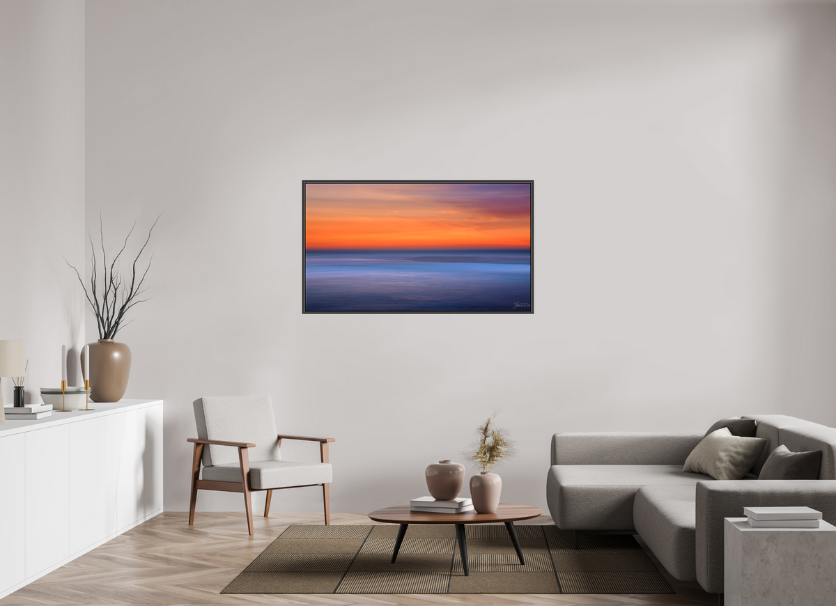 55 x 30.9″, Matte Canvas .6" Black Oak Frame Ember Horizon